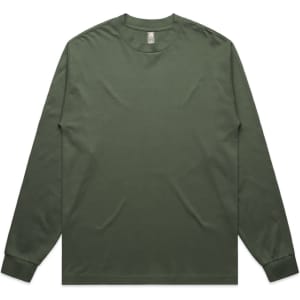 A long-sleeve tee in dark green, featuring a simple design and a logo on the label.