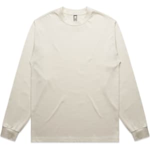 A heavy long-sleeve tee in a light cream colour, featuring a branded label at the neckline.