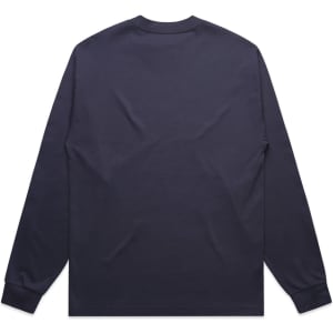 A navy blue long sleeve tee with a plain back and fitted cuffs. It features a logo on one side.