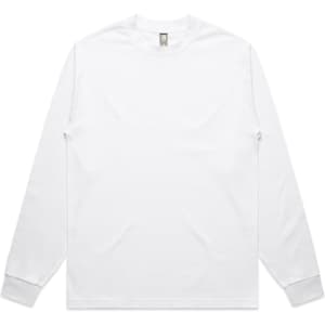 A long-sleeve white T-shirt featuring a minimalist design and a logo on the neckline.