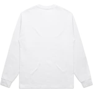 A white long-sleeve tee with a plain back, featuring a logo on the label area.
