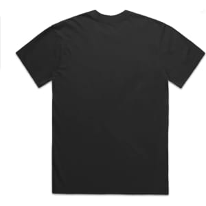 A black heavy faded tee shirt with a plain design and a small logo on the back.