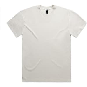 A plain light grey t-shirt with short sleeves and a crew neck. It features a logo on the label.