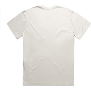A plain white T-shirt with short sleeves, featuring a simple design and a logo on the back.