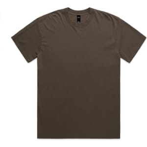 A heavy faded tee in earthy brown colour with a round neckline and short sleeves, featuring a logo.