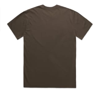 A plain brown heavy faded t-shirt displayed flat on a white background, featuring a simple design and a logo.