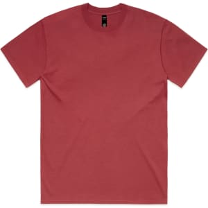 A heavy faded tee in a muted red colour, featuring a standard crew neck and short sleeves. The shirt has a logo.