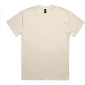 A cream-coloured heavy faded tee with a v-neck design and short sleeves. The shirt has a logo near the neckline.