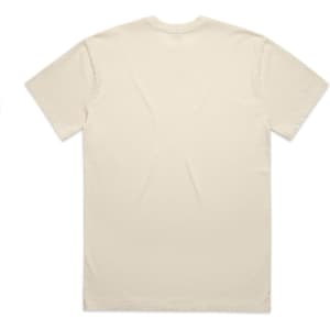 A plain beige t-shirt in a soft, faded fabric, featuring a logo on the back.
