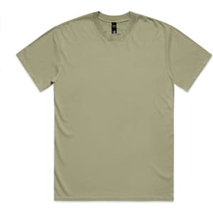 A light khaki t-shirt with a crew neckline and short sleeves. It features a logo on the tag.