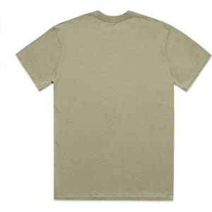 A t-shirt in a faded olive green colour, featuring a simple design and a logo on the back.