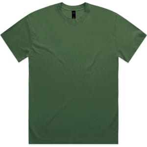 A heavy faded green t-shirt with short sleeves and a crew neck, featuring a logo.