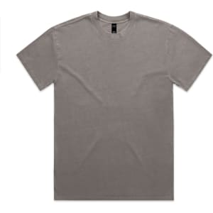 A faded grey t-shirt with a classic crew neck and short sleeves, featuring a logo.