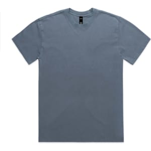 A heavy faded tee in a muted blue-grey colour with a round neck and short sleeves. It features a logo tag.