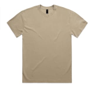 A heavy faded tee in a light beige colour, featuring short sleeves and a crew neck design. It has a logo.