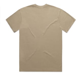A khaki heavy faded tee, featuring a classic crew neck and short sleeves, with a branding logo.