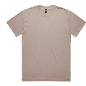 A beige heavy faded tee shirt with a plain design and a label at the neckline. It has no visible logos or branding.