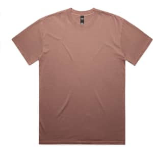 A heavy faded tee in a muted brown colour with a round neckline and short sleeves. It features a logo.