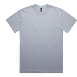 A light grey T-shirt with short sleeves and a crew neckline, featuring a branding label.