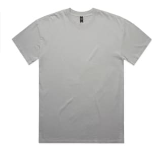 A grey heavy faded t-shirt is displayed flat, featuring a round neckline and short sleeves. It has a logo tag.