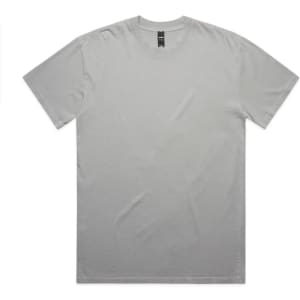 A light grey T-shirt with a round neck and short sleeves, featuring a label on the collar.