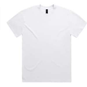 A white T-shirt featuring a simple design and a logo on the neck label.
