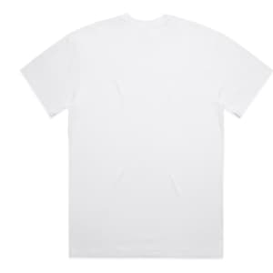 A plain white T-shirt featuring a crew neckline and short sleeves, with a logo on the back.