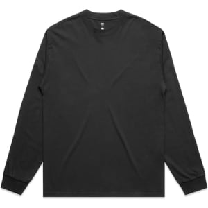 A long-sleeve tee in faded black, featuring a simple design and a logo on the neck.