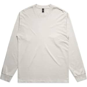 A long-sleeve tee in a light grey colour, featuring a simple design and a logo on the label.