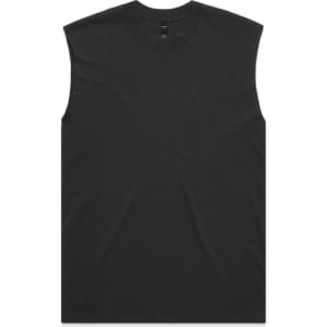 A black, sleeveless tank top with a simple design and a logo on the label.