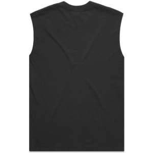 A black sleeveless tank top featuring a simple design and a logo on the back.