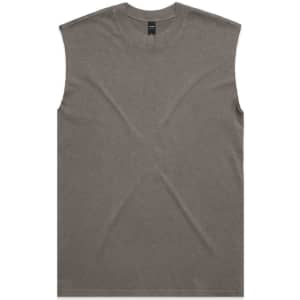 An olive green heavy faded tank top with a rounded neckline and no sleeves, featuring a simple design and a logo.