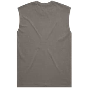 A faded olive green tank top with a sleeveless design and a plain back. Features a logo.