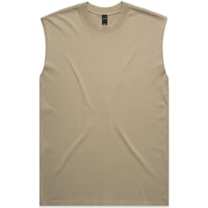 A sleeveless tank in a faded olive green colour with a simple design and a small logo.