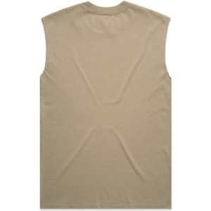A khaki sleeveless tank top with a plain back and no embellishments. It features a branding logo.