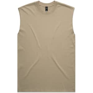 A heavy faded tank in a light khaki colour, featuring a simple design and no sleeves. The tank has a brand logo.