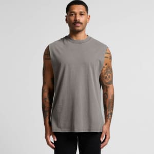 A sleeveless tank top in a heavy faded grey colour, featuring a logo on the front.