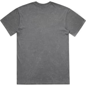 A grey stone wash heavy tee with a relaxed fit, featuring a logo on the back.