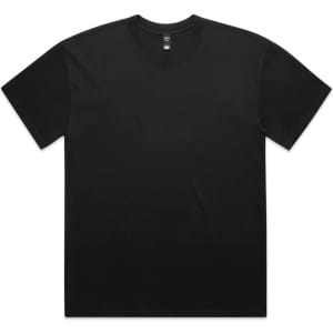 A black t-shirt with a relaxed fit and a round neckline, featuring a logo on the label.
