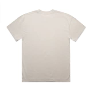 A beige T-shirt with a relaxed fit, featuring a plain back and a logo tag.