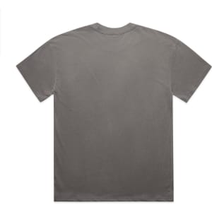 A faded grey t-shirt with a relaxed fit, featuring a simple design on the back and a logo.