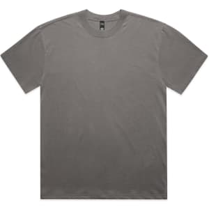 A grey t-shirt with a round neckline and short sleeves, featuring a logo on the label.