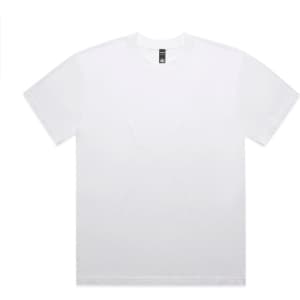 A white t-shirt with a relaxed fit, featuring a logo in the neckline area.