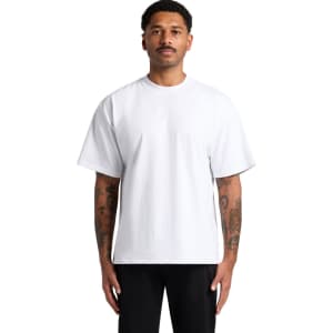 A plain white t-shirt with a relaxed fit, featuring short sleeves and a simple design. Includes a logo.