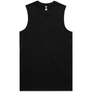 A black sleeveless tank top with a round neckline. The design is simple and features a logo.