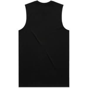 A black sleeveless tank top with a plain design and a logo on the back.
