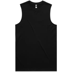 A black sleeveless tank top displayed flat, featuring a label and a simple design. It has a logo on the tag.