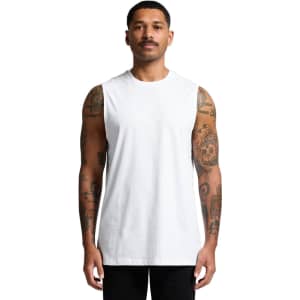 A white sleeveless tank top worn by a model, featuring a branding logo, displayed against a plain background.