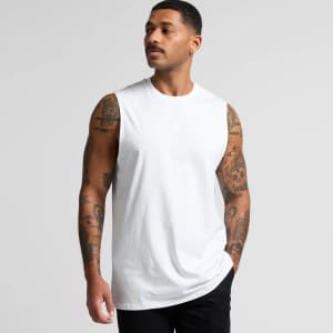 A white singlet tank top worn by a model with tattoos, featuring a minimalistic design and a logo.