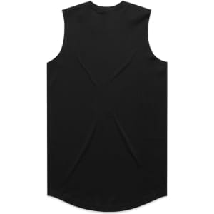A black sleeveless tank top with a curved hem and a logo on the back.